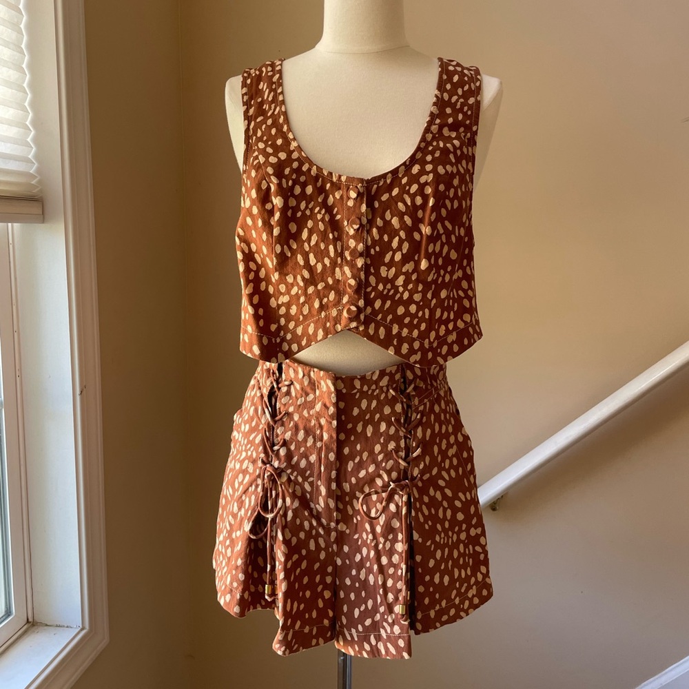 Free People fawn printed shorts set with vest